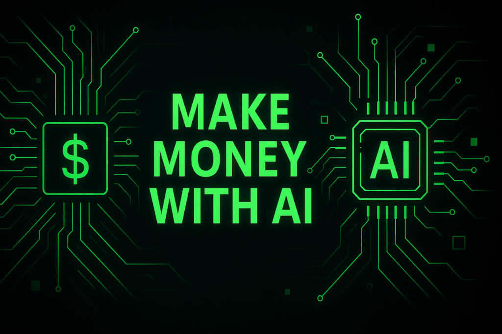 "Make money with AI – modern blue and green digital illustration showing AI technology and financial growth."