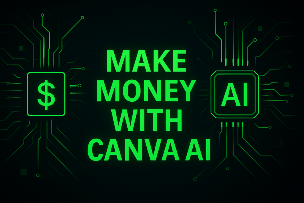 "Digital graphic with neon green circuit lines and the text 'Make Money With Canva AI', representing earning money online using Canva’s artificial intelligence tools."