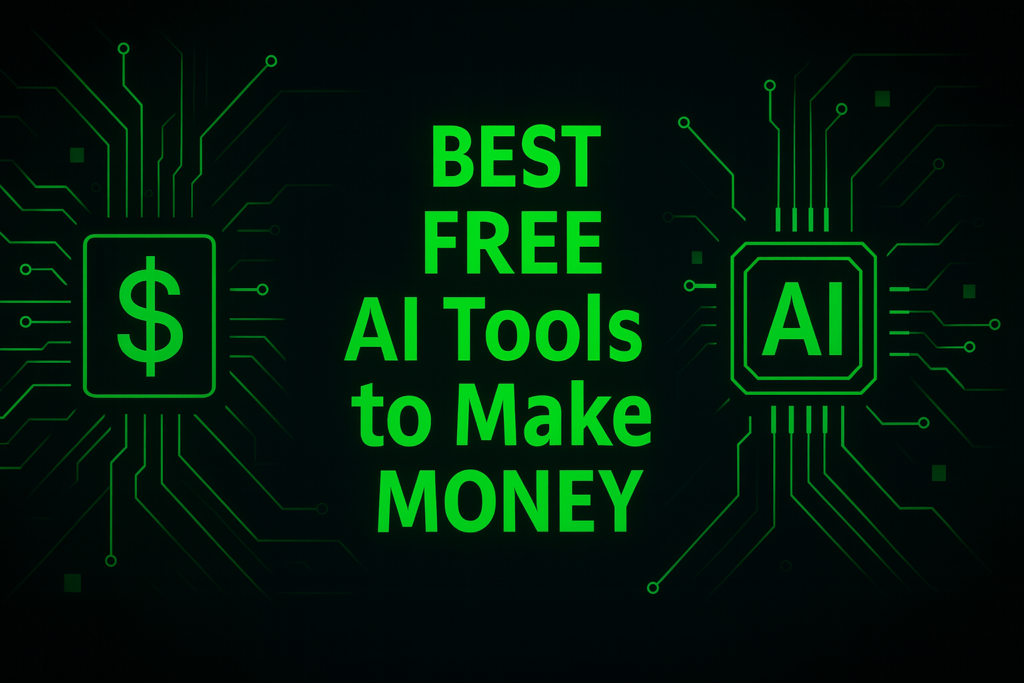 "Best free AI tools to make money online – neon green digital design with dollar icon and AI chip circuit pattern."