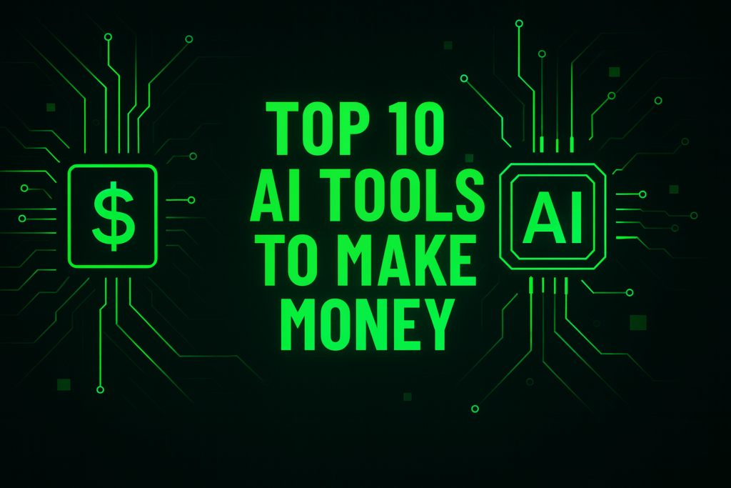 Top 10 AI Tools to Make Money – green futuristic AI design with digital circuits and money icon